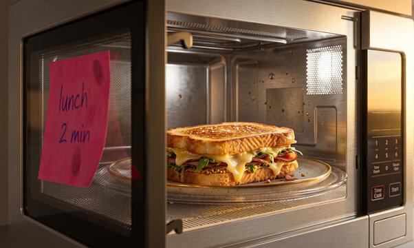 Microwave oven with a sandwich inside and a note on the door