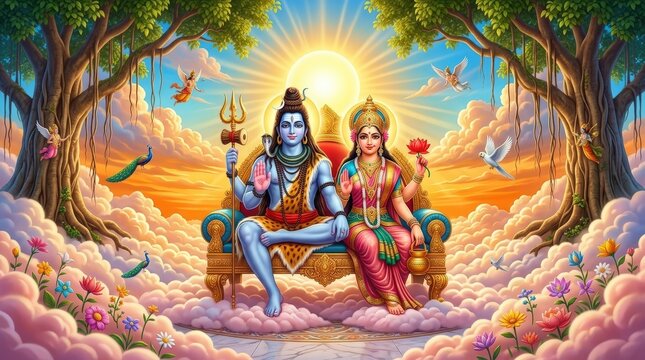 Lord Shiva and Parvati in Sacred Garden Landscape with Golden Sunrise and Divine Spiritual Glow