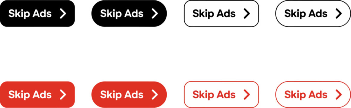 Skip ads button variations with rounded corners  vector silhouette design