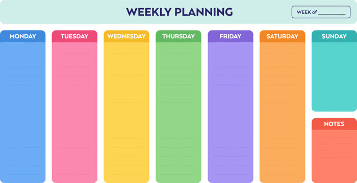 Colorful weekly planner layout with days of the week and notes section design