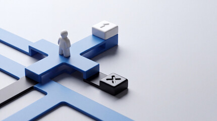 Fototapeta premium Conceptual abstract 3D illustration of a miniature person figure navigating a blue path maze towards success with arrow and cross symbols representing choices, banking systems and decision.