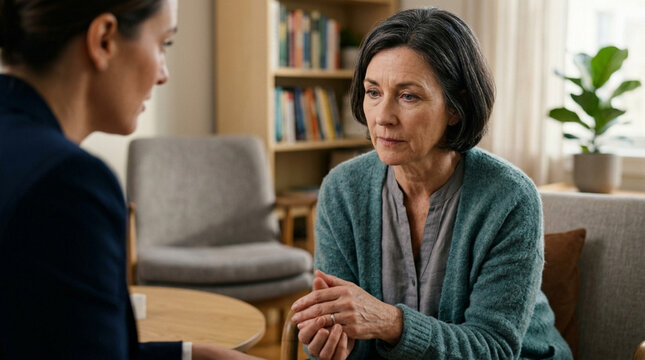 Elderly woman listening intently to younger therapist in comfortable office
