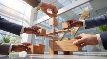 Fototapeta premium Diverse business team collaborating to build a complex structure of wooden and glass blocks against a modern office background with a gold upward growth arrow symbol, representing teamwork.