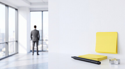 Fototapeta premium Successful Businessman in Suit Looking Out of High-Rise Office Window with Yellow Sticky Notes, Pen, and Star Paperweight on Desk, Concept of Business Vision, Planning, and Future Strategy