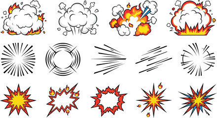 Comic book explosion smoke clouds speed lines and retro boom bursts set © MdHasinur