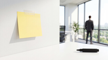 Fototapeta premium Blank yellow sticky note taped on a white wall in a modern office environment with a businessman looking out the window in the background, concept for planning, brainstorming, and future goals.