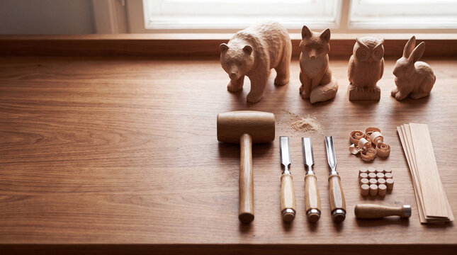 Traditional Wood Carving Craft Workspace Featuring Handmade Wooden Animal Figurines, Professional Chisels, Mallet, and Wood Shavings on a Polished Timber Workbench in a Bright Creative Studio
