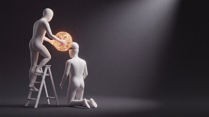 Fototapeta premium Conceptual 3D Illustration of One Humanoid Figure Placing a Glowing Sphere of Knowledge into the Open Mind of Another Kneeling Figure Symbolizing Mentorship, Education, and Creative Inspiration