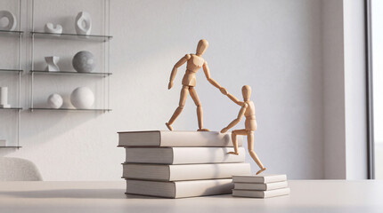 Fototapeta premium Wooden Articulated Mannequins Representing Mentorship and Support While Climbing a Stack of Books for Education, Knowledge, and Career Success in a Minimalist Modern Interior Setting