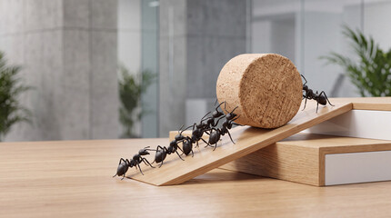 Fototapeta premium Group of black ants working together as a team to push and carry a heavy wooden cork up a ramp in a modern office environment, symbolizing teamwork, cooperation, and collective business effort.