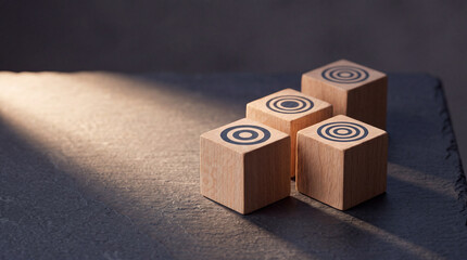 Fototapeta premium Group of Wooden Blocks with Bullseye Target Symbols Arranged on a Dark Stone Surface Illuminated by a Dramatic Beam of Light, Representing Business Goals, Focus, and Strategic Objectives.