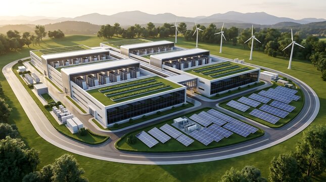 Large corporate data center campus with extensive rooftop green space and ground solar arrays surrounded by wind turbines in a beautiful rolling countryside landscape aerial view