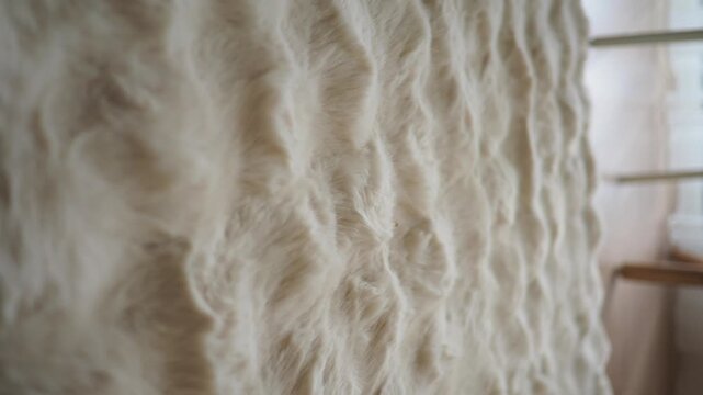 Close-up slow motion of soft white fluffy fabric texture moving gently