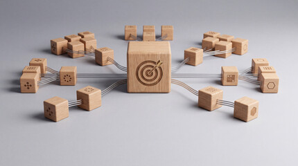 Fototapeta premium Conceptual representation of wooden blocks connected by metallic wires forming a complex network with a central bullseye target icon symbolizing strategic business goals and system integration.