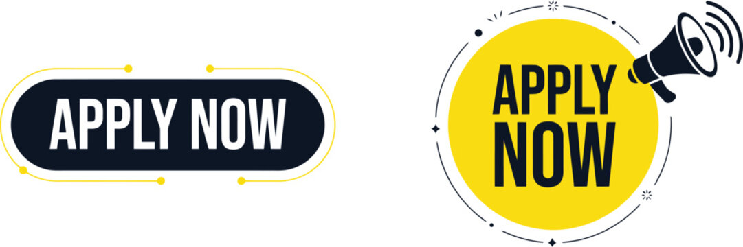 Apply now button and announcement badge vector illustration design