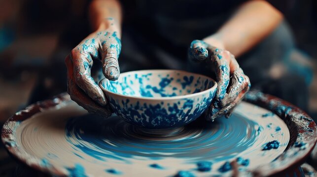 Potter's Hands Shaping a Blue Splattered Ceramic Bowl on a Wheel