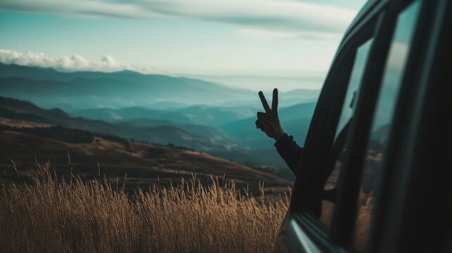 Peace sign from car window overlooking misty mountain ranges