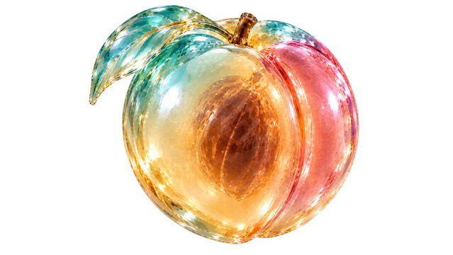Peach whole and cut side isolated on white background, Frutiger Aero glossy photorealistic CGI fruit render for fruit packaging and summer menu design