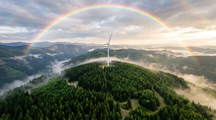 Obraz premium Wind turbine standing on a forested mountain peak under a vibrant rainbow at sunrise