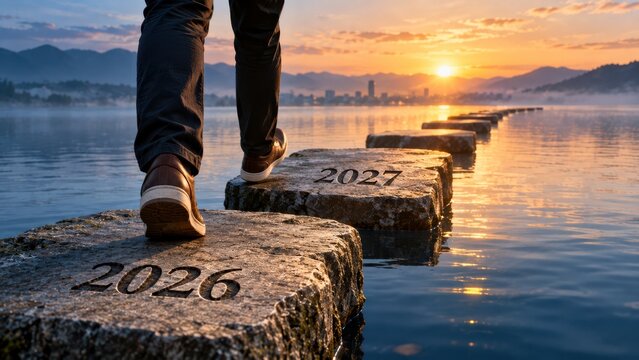Walking over stepping stones labeled with future years across water