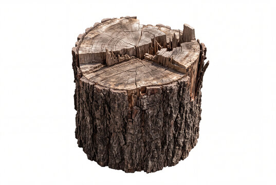 Old weathered tree stump isolated on white background