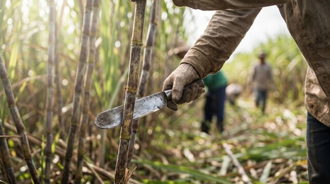 Sugarcane harvesting by manual labor in a rural field under sunlight