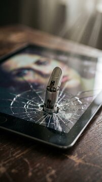 A stark close-up reveals a bullet casing deeply embedded in a severely cracked tablet screen, showcasing the vulnerability of modern technology and the abrupt end of digital experiences