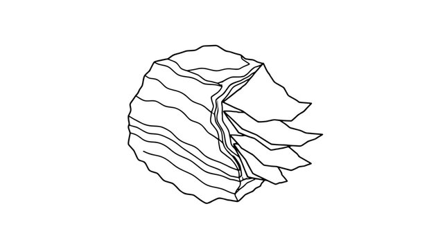 Hand-drawn vector icon of mica schist rock showing distinctive layered peeling sheets and foliation patterns in black line art style - professional high resolution detailed commercial stock imagery