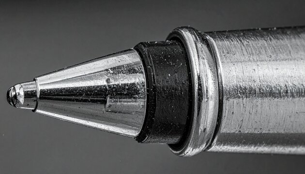Close-up of a metal ballpoint pen tip with black grip.