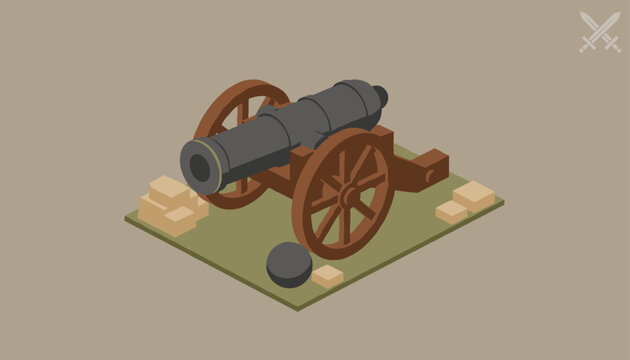 Classic medieval iron cannon on a wooden wheeled carriage with a heavy black cannonball resting on the ground.