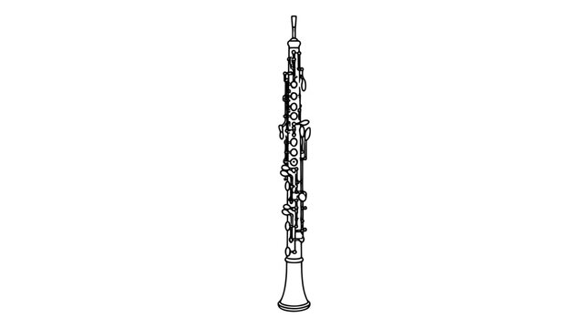 Hand-drawn vector icon of a classical orchestral oboe with wood body and silver keys, black and white line drawing illustration on white background - professional high detailed commercial stock