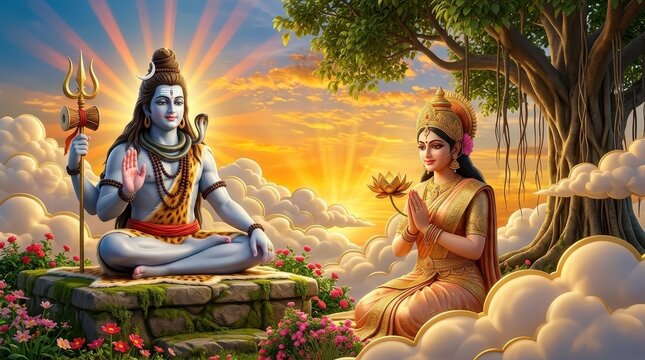 Lord Shiva and Parvati in Sacred Garden Landscape with Golden Sunrise and Divine Spiritual Glow