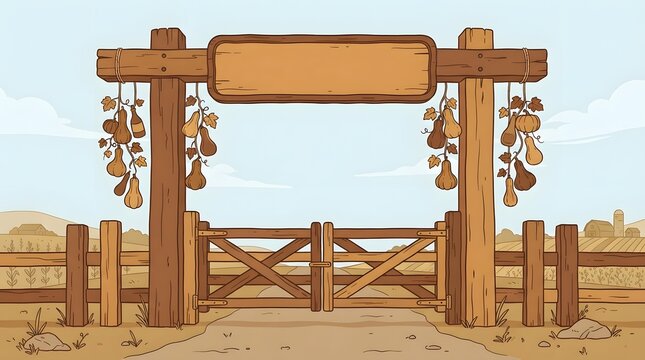 Rustic wooden farm entrance gate decorated with hanging gourds for autumn festival branding.