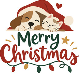 Obraz premium Merry Christmas Lettering with Sleeping Dog and Cat in Santa Hats and Holiday Lights