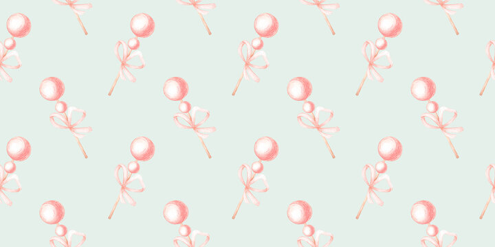 Lollipops on sticks with bows, seamless watercolor pattern on blue background. Sweet candy design for birthday wrapping paper, party decor, textile prints and stationery.