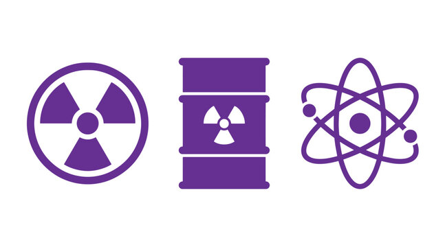 Set of three purple nuclear energy and radiation hazard warning icons with radiation radioactive graphics industry research protection chemistry nuclearpower technology
