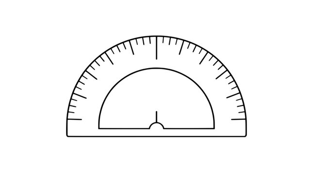 Clean minimalist black and white line art vector icon illustration of a classic plastic geometry protractor tool with precise degree measurement marks for mathematics education and technical drawing