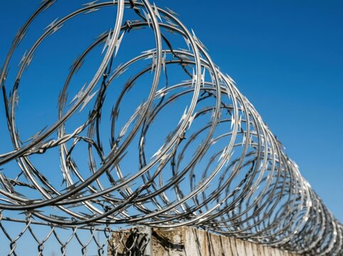 Razor Wire Fence Security Barrier Against Blue Sky.
