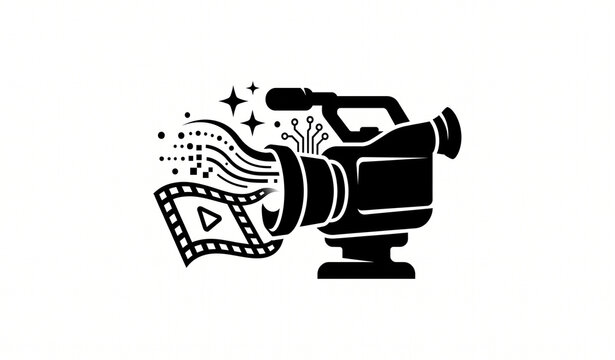 Modern Video Camera and Film Reel Logo, Digital Filmmaking, Cinematography and Video Production Technology Icon