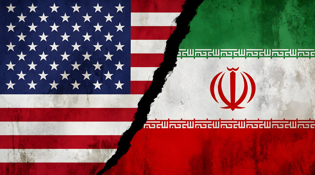 Split flags of the united states and iran with a distressed texture with geopolitics
