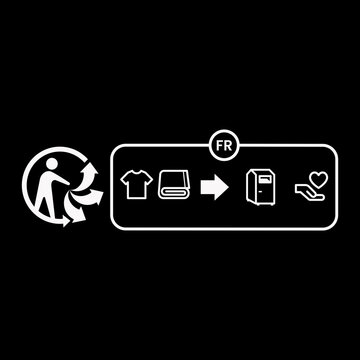 Triman Symbol, FR Label, Clothing, Laptop and Heart Icons on Black Background