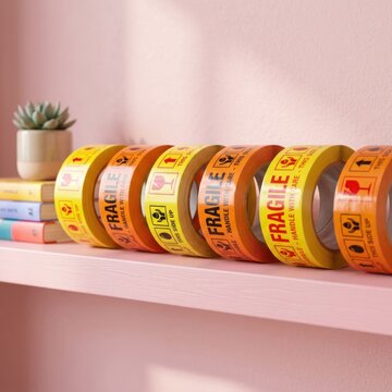 Rolls of Fragile Warning Tape for Shipping and Moving Boxes.