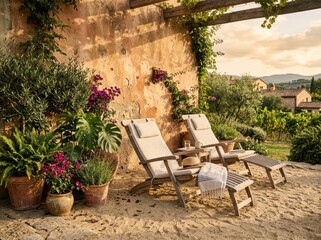 Obraz premium Relaxing Tuscan Patio with Lounge Chairs and Vineyard View.