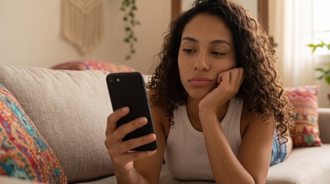 Bored young woman scrolling on her smartphone while lying on the couch