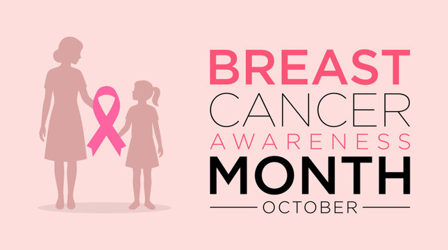 Breast Cancer Awareness Month banner featuring silhouettes of a mother and daughter holding a pink ribbon on a light pink background for healthcare campaigns