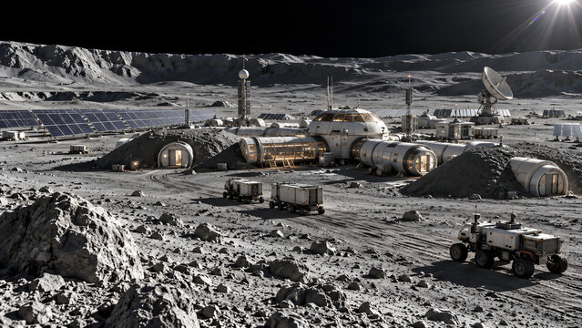 Ultra Realistic Futuristic Lunar Base with Inflatable Habitats Solar Arrays and Robotic Equipment Moon Technology