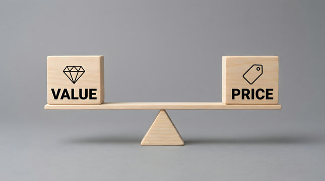 Wooden blocks labeled value and price balanced on a scale against gray background