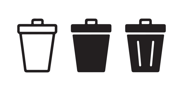 Trash can outline and solid vector icons set for delete recycling garbage waste bin concept design.