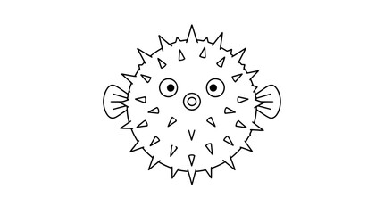 Hand-drawn black and white line art vector icon of an inflated pufferfish with spines spikes round ball shape cute sea creature illustration for kids coloring page marine life doodle art © Aaron