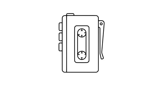 Hand-traced vector icon of portable cassette player with belt clip, retro walkman audio device line art illustration, vintage analog music technology outline design on white background